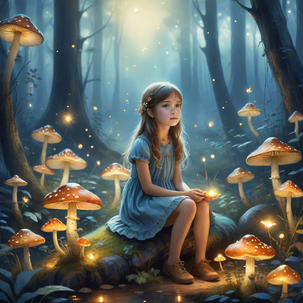 Whimsical Forest Scene with a Young Girl and Fireflies