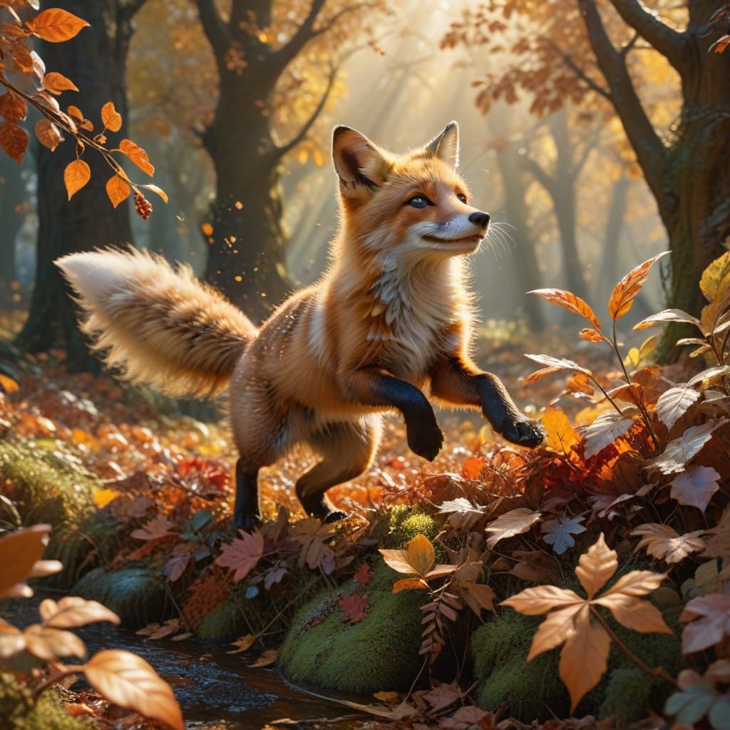 Joyful Fox Cub and Stoat in Autumn Leaves