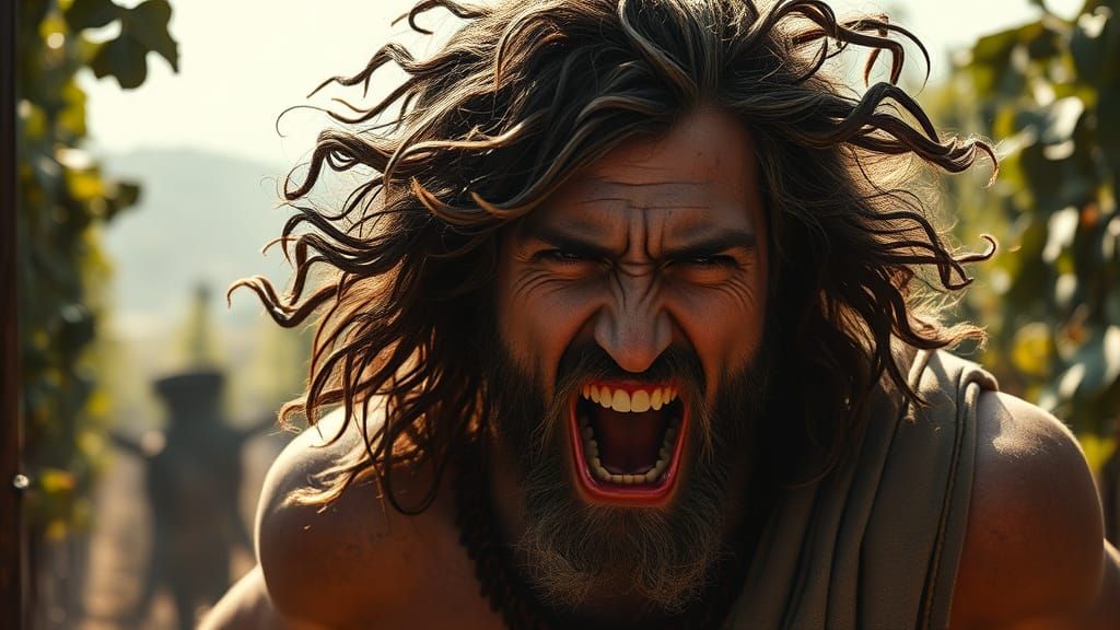 Dionysus in Frenzy: Photorealistic Greek God in Vineyard