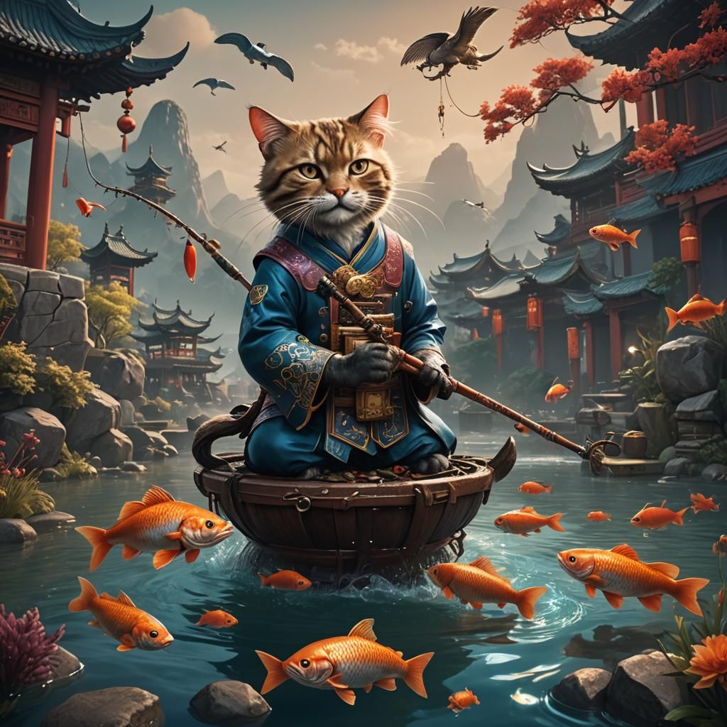 Chinese Cat Fisher Catching Fish in Detailed Painting