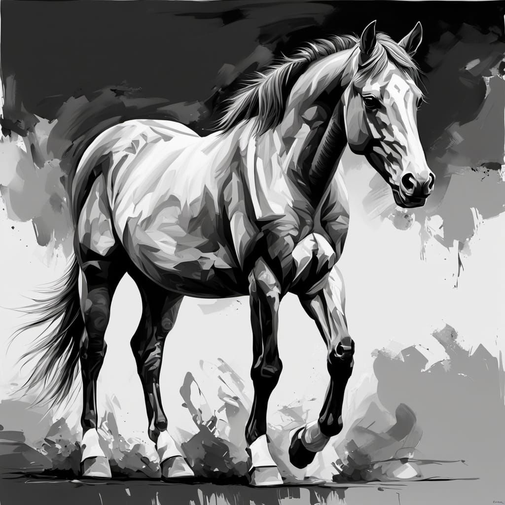 Abstract Black and White Oil Painting of a Horse