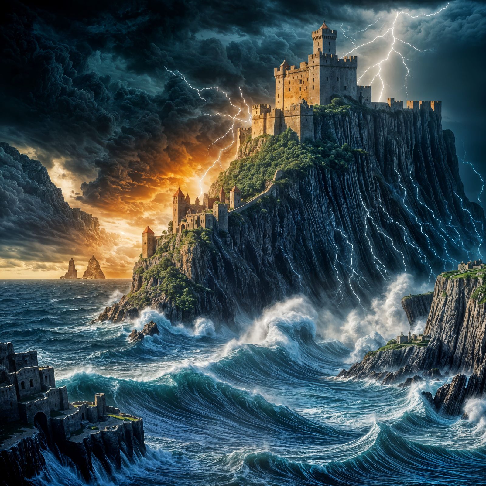 Dramatic Ancient Fortress on Cliff Edge with Stormy Seas
