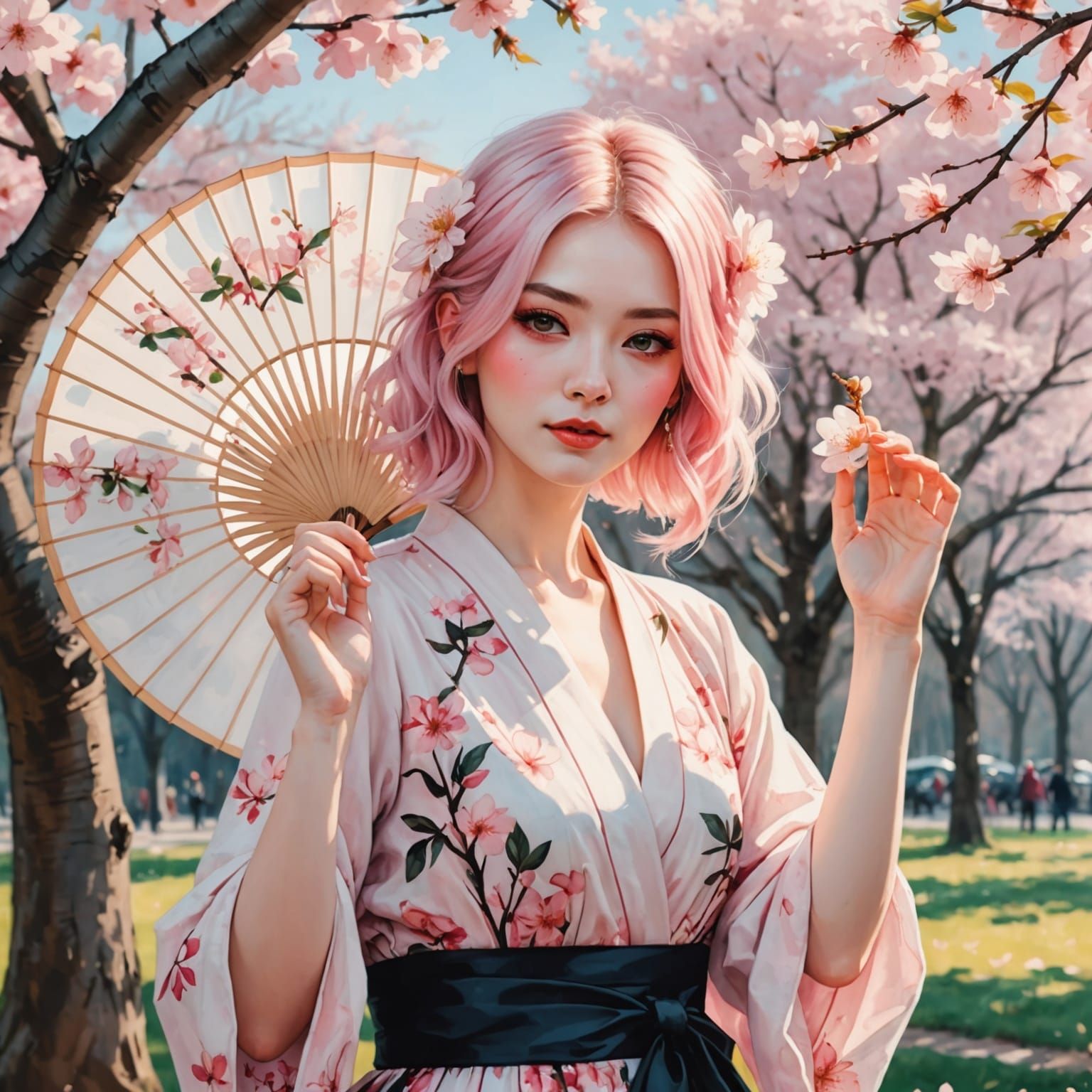 Woman with Fan Under Cherry Blossom Tree in Watercolor