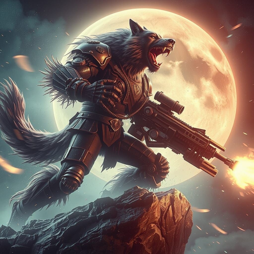 Armored Werewolf Commando Roaring Under Blood Moon