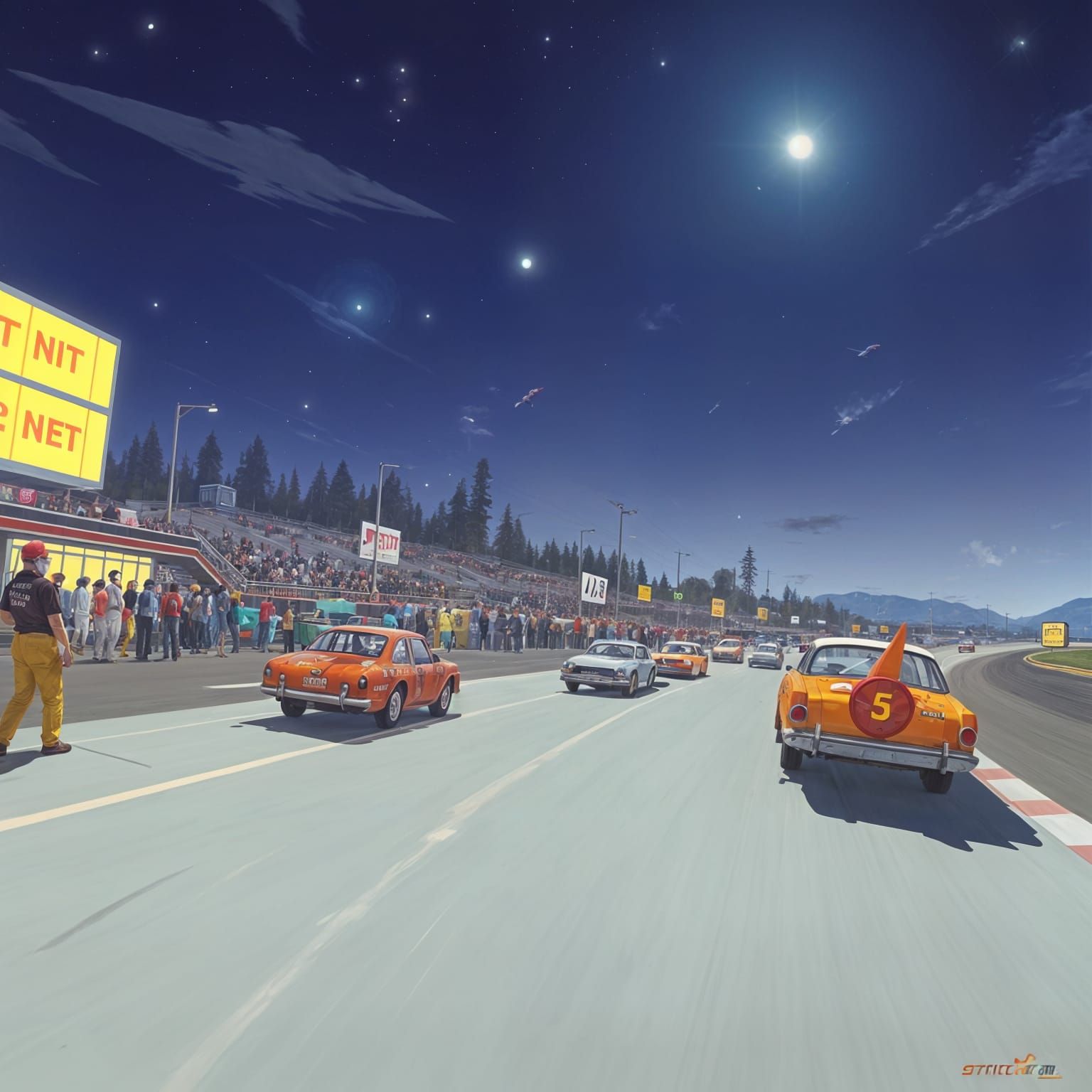 Retro Futuristic Stock Car Racing Scene in Neon Lit Night