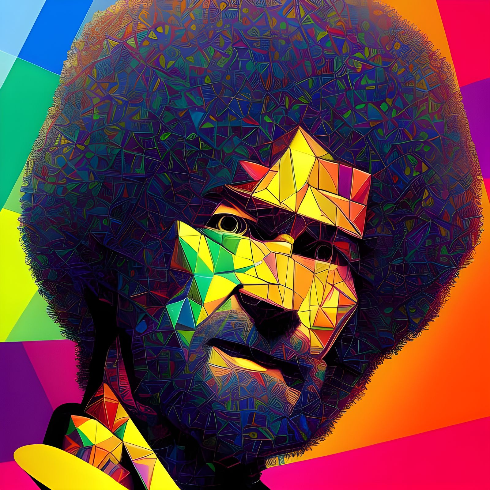 Hyperrealistic Robot Bob Ross in Geometric Cityscape