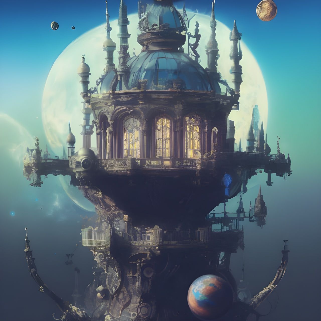 Steampunk Rococo Castle in Space Digital Illustration