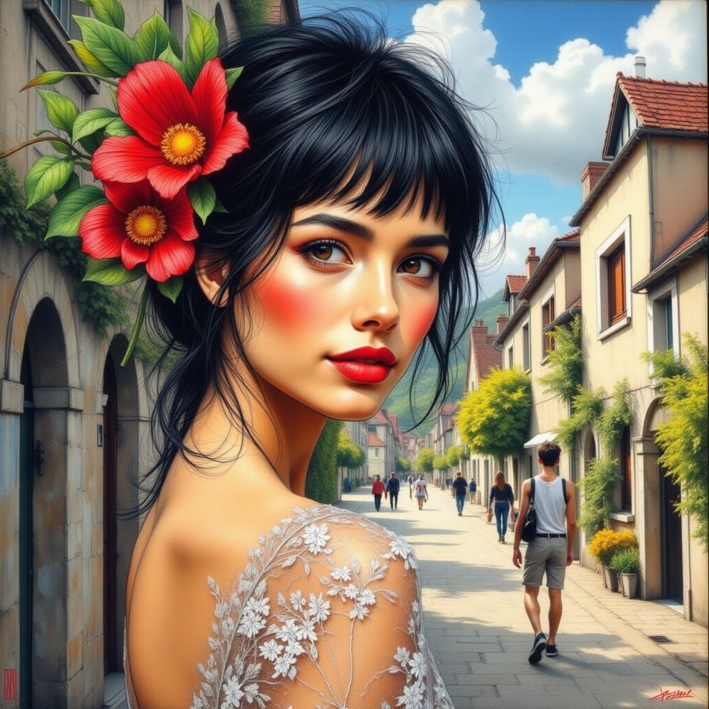 Elegant French Village Scene in Impressionist Style