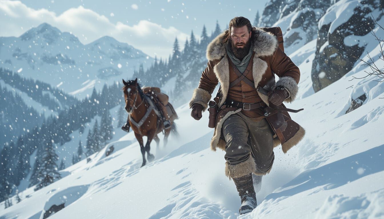 Mountain Man's Avalanche Escape: A Hyperrealistic Scene