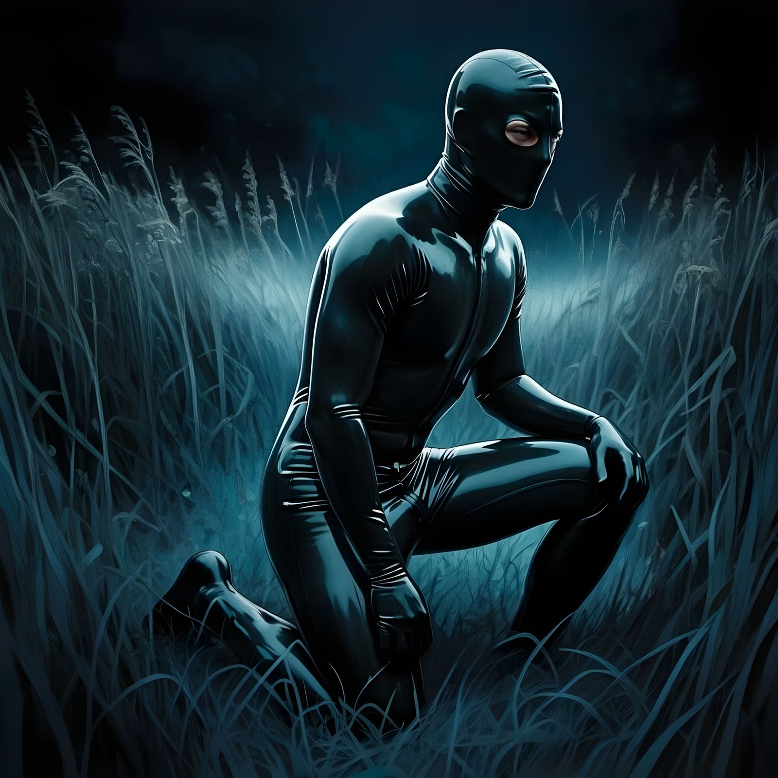 Man in Dark Field, Kneeling in Latex Suit Under Moonlight