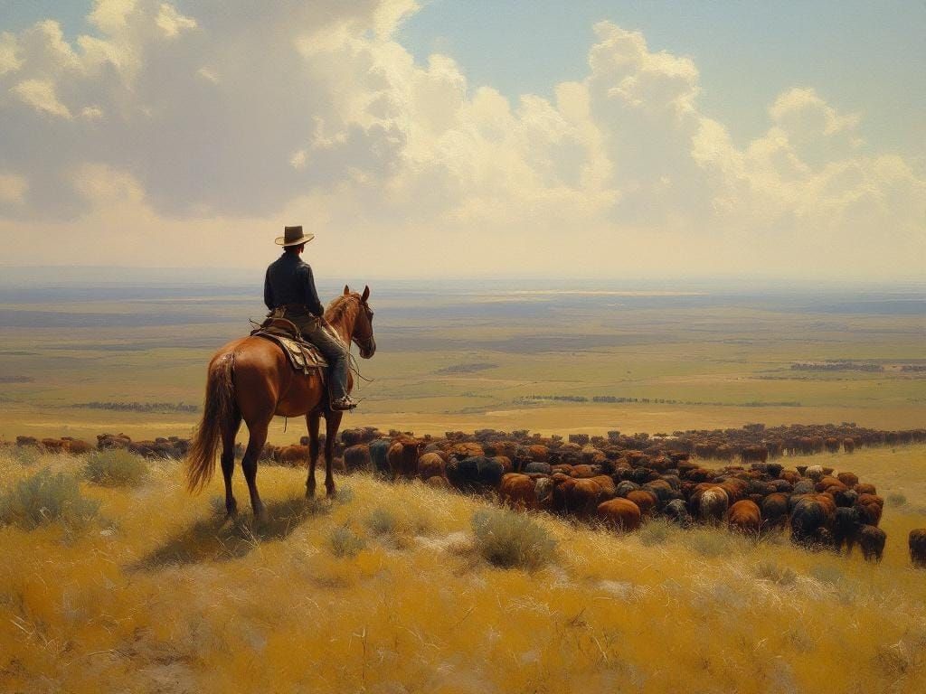 Cowboy Oversees Cattle Herd as Oil Painting