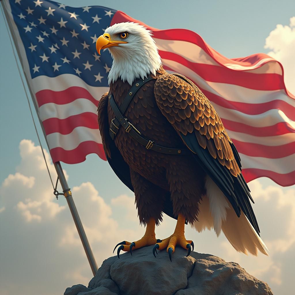 Anthropomorphic Eagle Soldier with American Flag