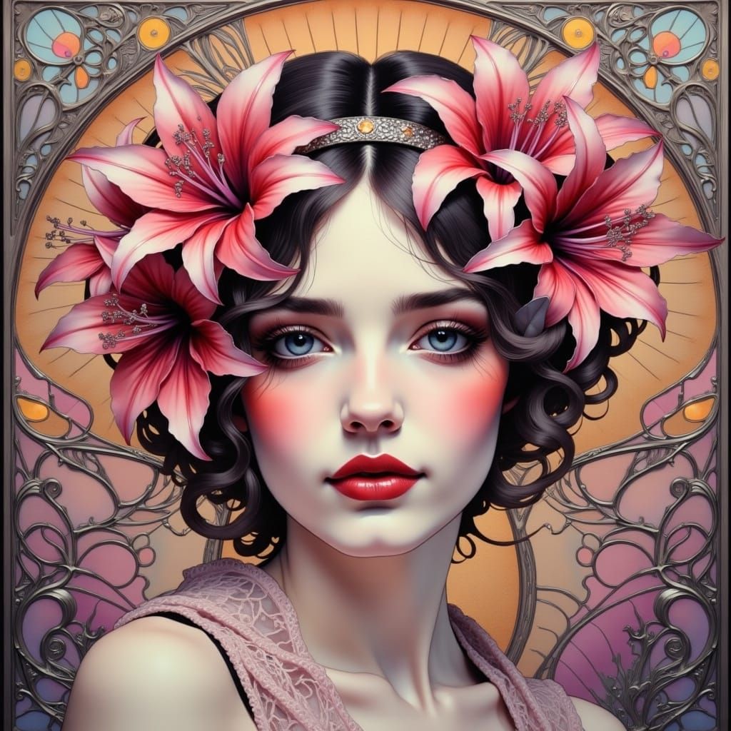 1920s Woman with Lily Headband in Surreal Style