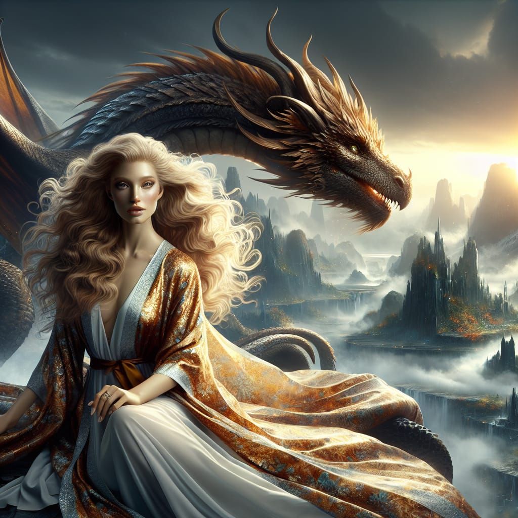 Woman on Dragon in Detailed Matte Painting