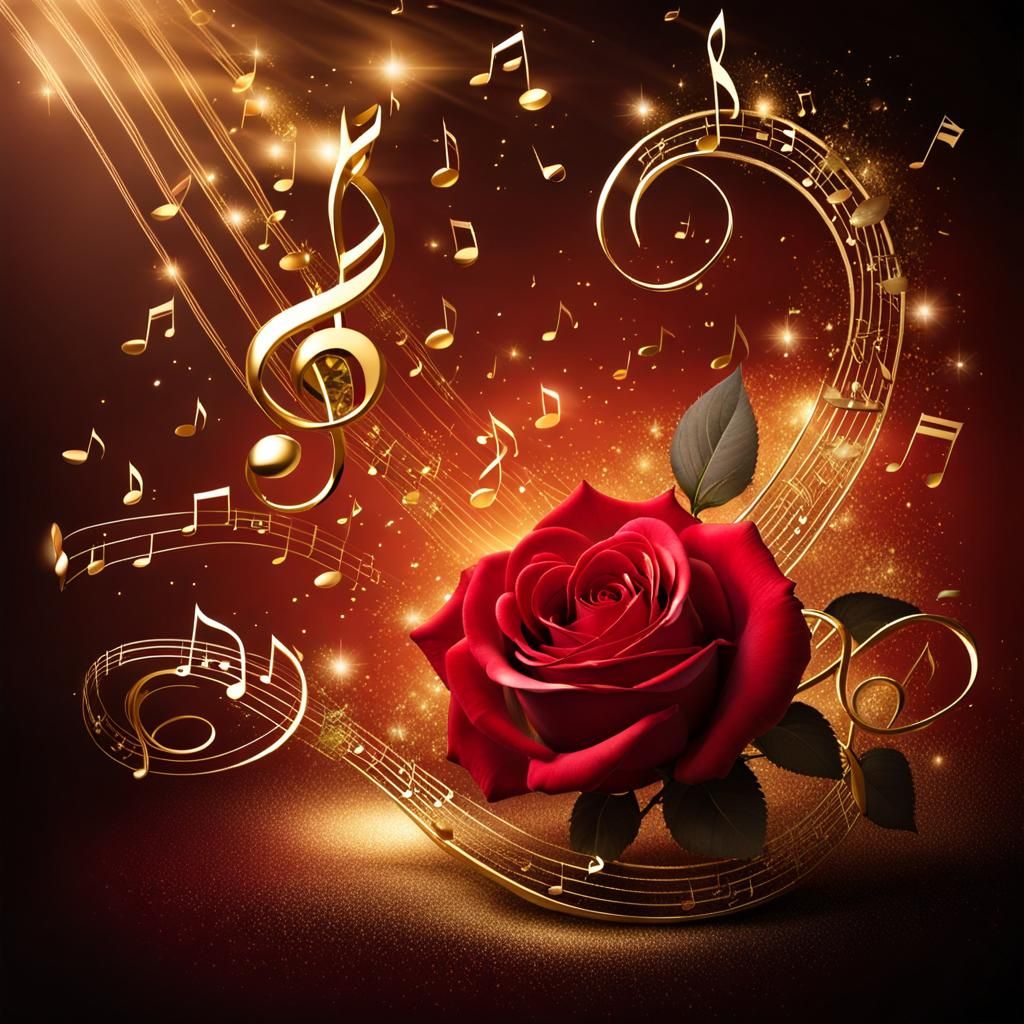Golden Musical Notes Surround Red Rose