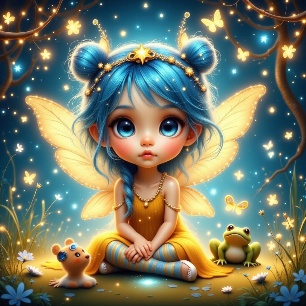Cute Fairy Girl in Fairyland with Stars and Fireflies