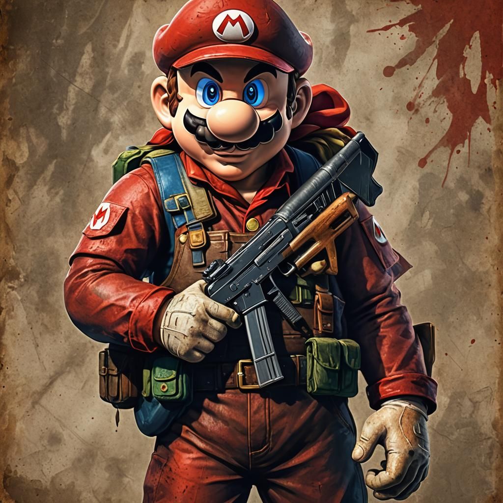 Super Mario, vividly rendered, a once familiar figure now reinvented, his chubby fingers wrapped around a classic AK47