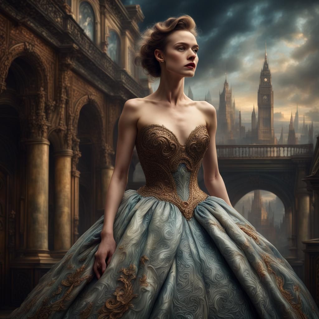 Lady in Encaustic Ballgown: Hyperrealistic Digital Painting
