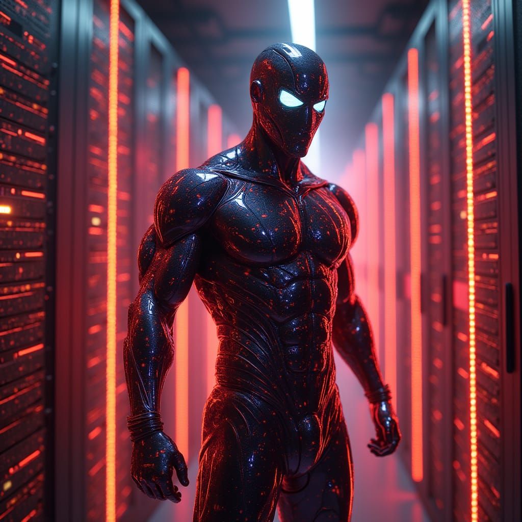 Futuristic Superhero Glitch in Neon Server Room