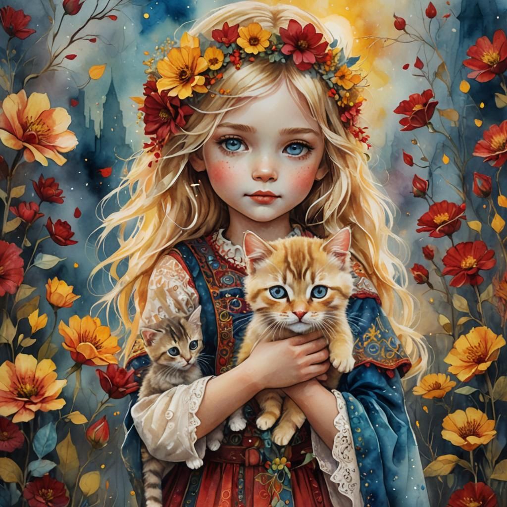 Girl with Kitten Surrounded by Flowers in Art Nouveau Style