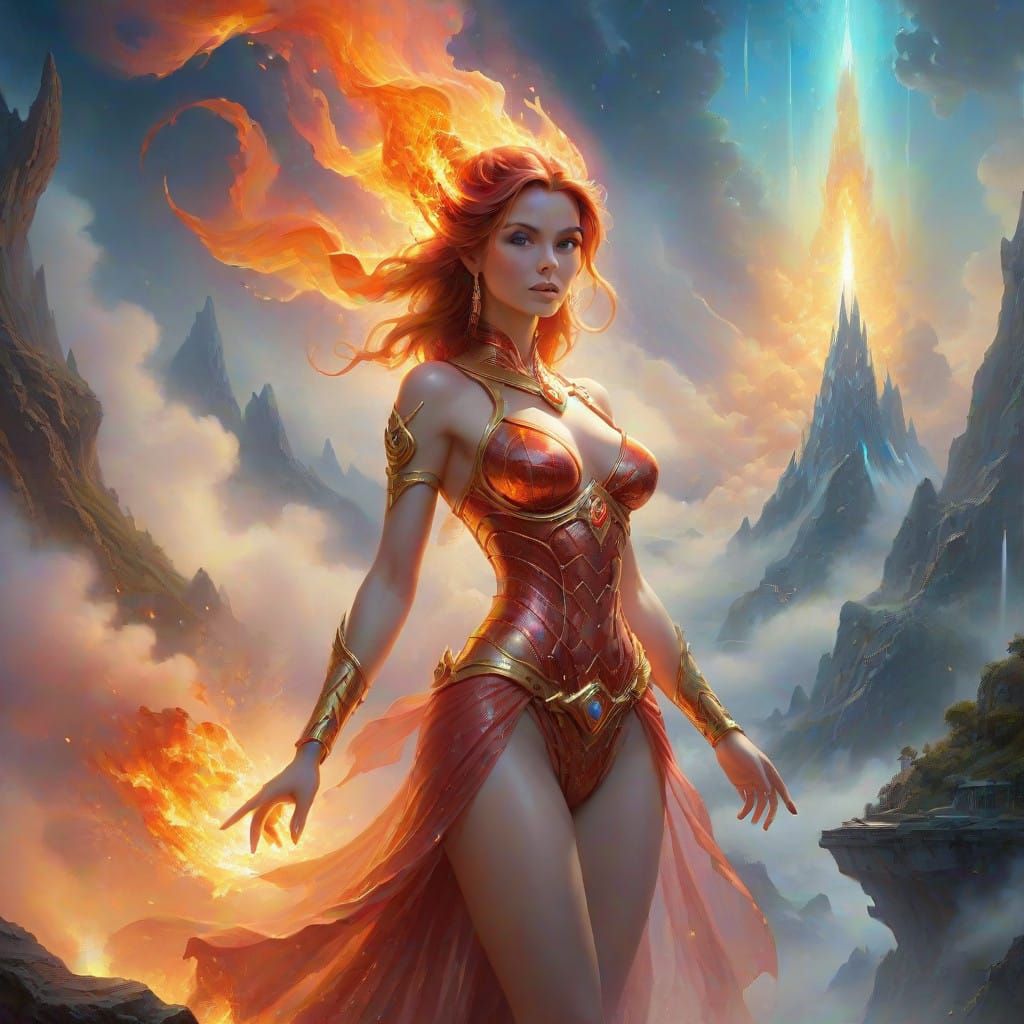 Ethereal Fantasy Female Fire Elemental in a Mystical Alien L...