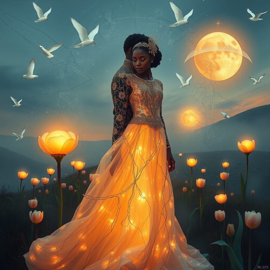 Surreal Dreamscape: Man and Woman in Iridescent Opalescent A...