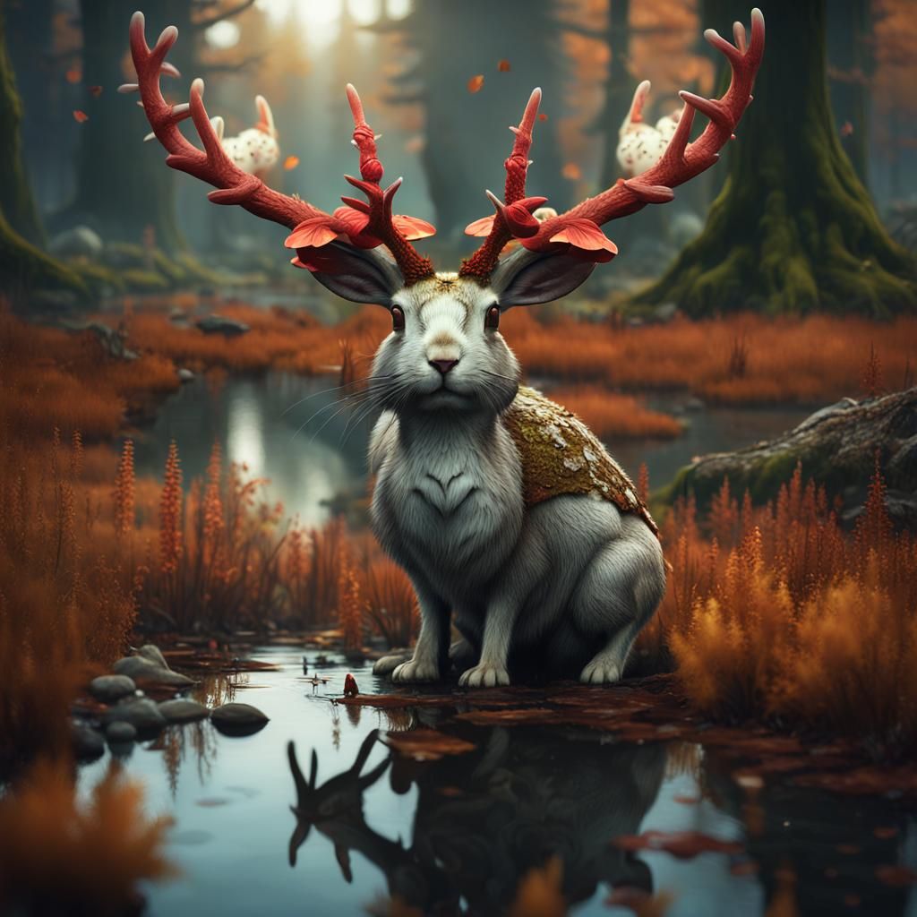 Jackalope with Mushroom Cap in Autumn Swamp