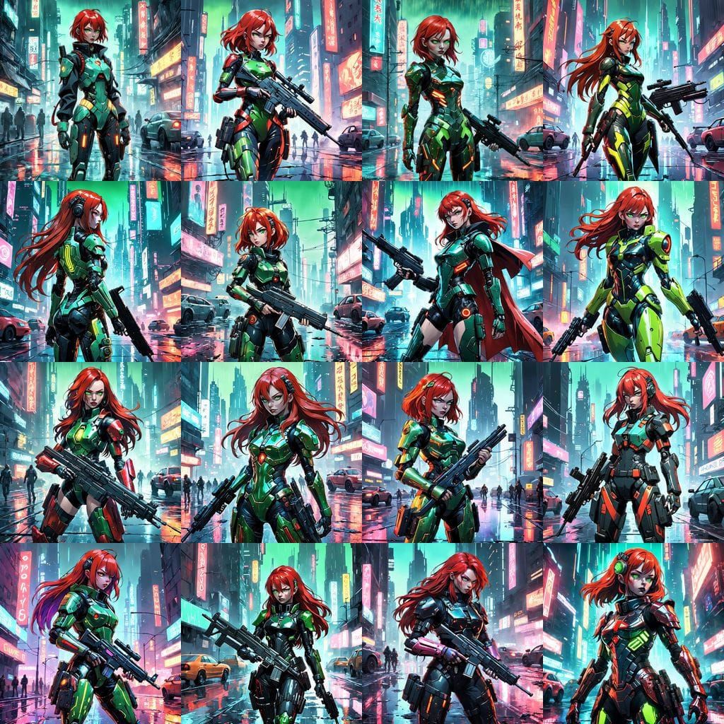 Cyberpunk Warrioress with Fiery Red Hair and Submachine Gun