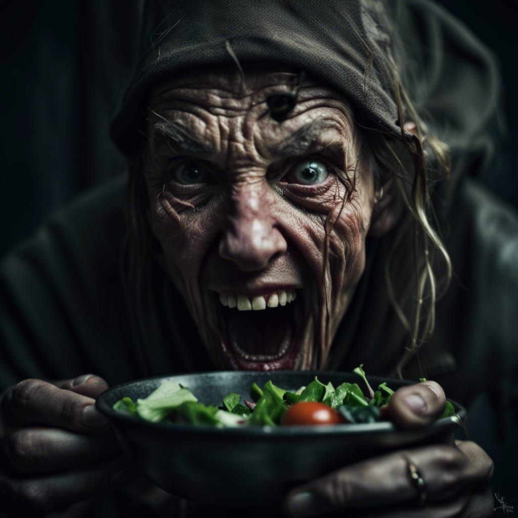 Baba Yaga Screaming and Eating Salad Portrait
