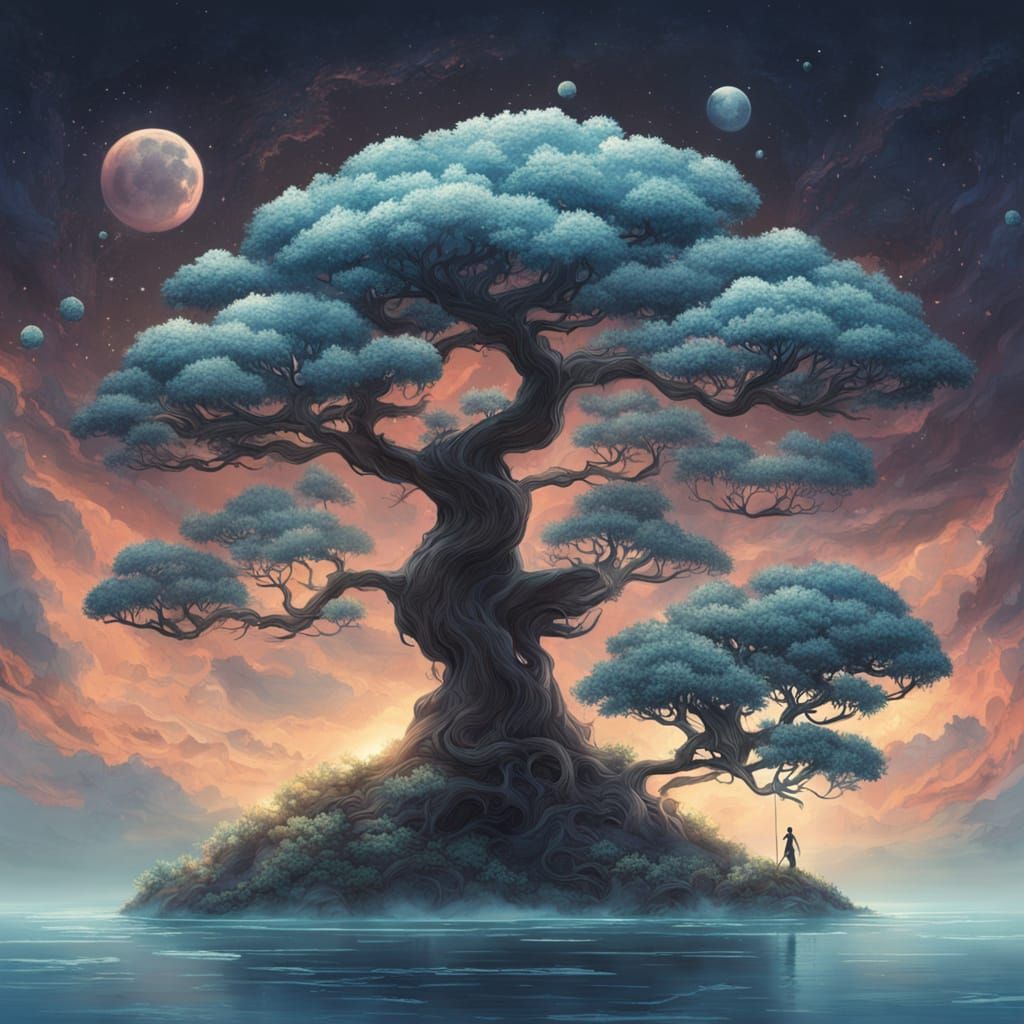 Bioluminescent Bonsai on Floating Island in Ethereal Moonlig...