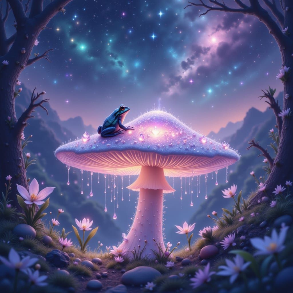 Frog on Cosmic Mushroom in Ethereal Watercolor Style