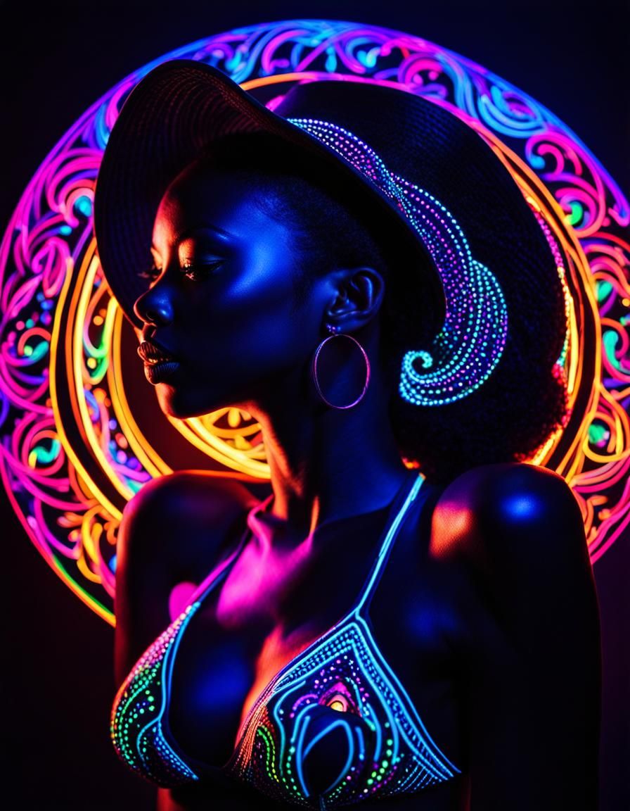 Bikini Model in Black Light Art Style