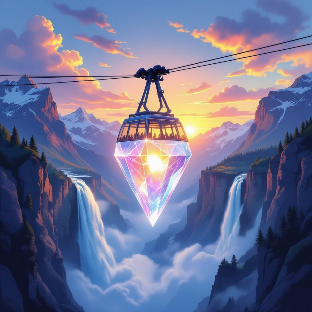 Crystal Cable Car Over Alpine Waterfall in Sunset Sky