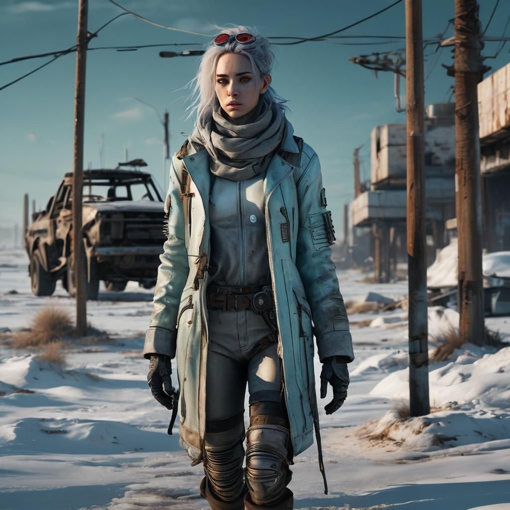 Cyberpunk Woman Walks Solitary in Frozen Wasteland