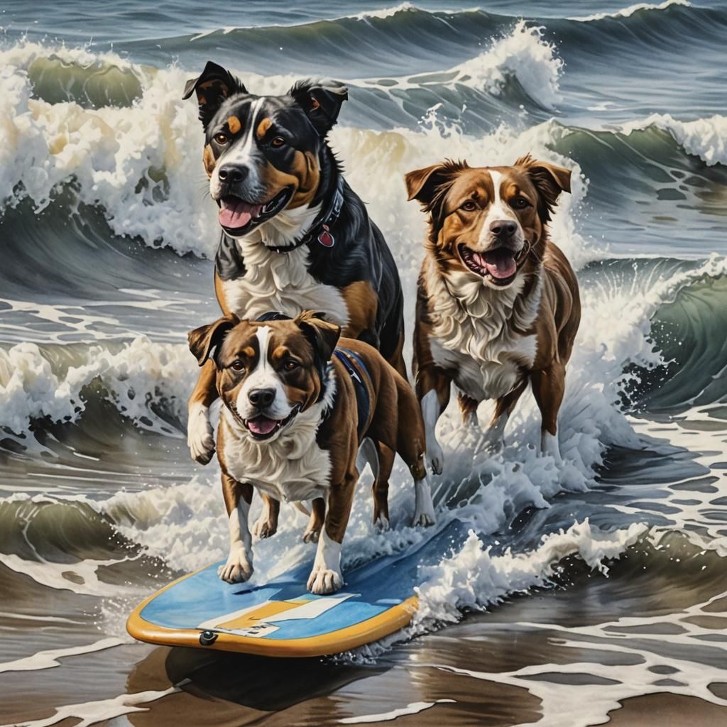 Dogs Surf the Ocean: Hyperdetailed Charcoal Drawing