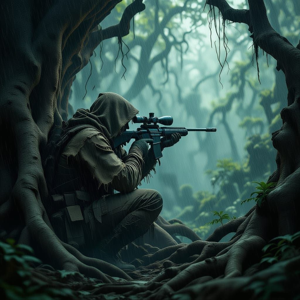 Camouflaged Sniper in Surreal Forest