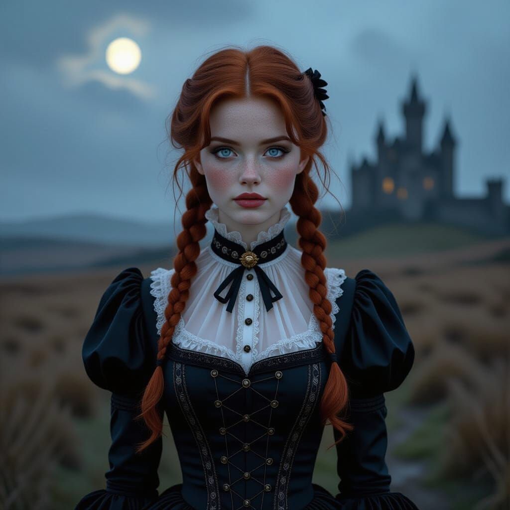 Redhead in Victorian Gown on Windswept Moor