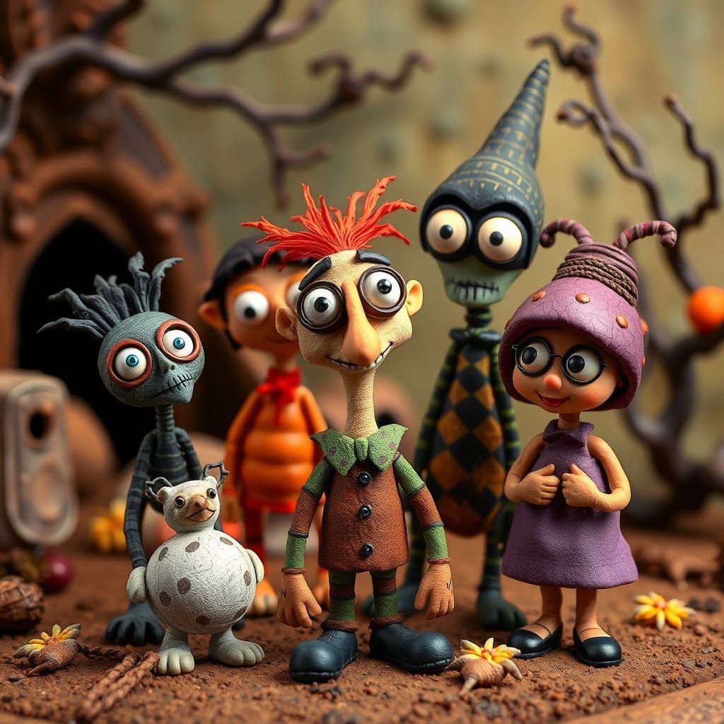 Whimsical Claymation Characters in a Fantastical Setting