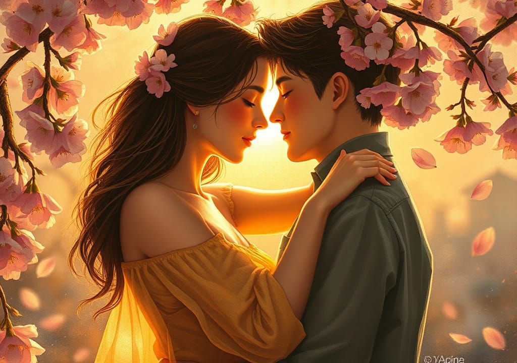 Affectionate Embrace in an Impressionistic Cherry Blossom Dr...