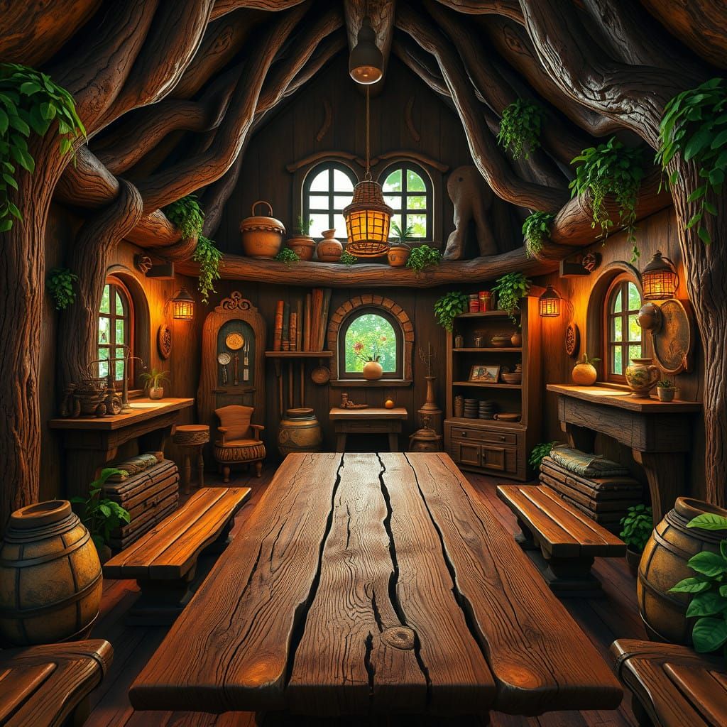 Cozy Whimsical Treehouse Interior with Wooden Plank Table