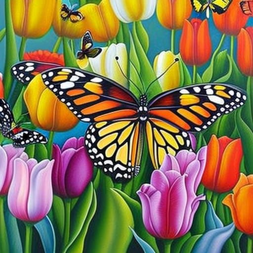Colorful Tulips and Butterfly Oil Painting