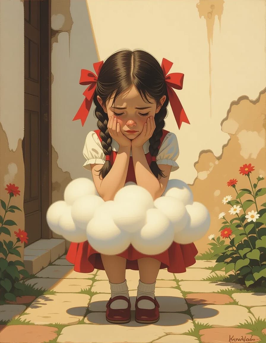 Girl on Cloud Crying in Moody Courtyard