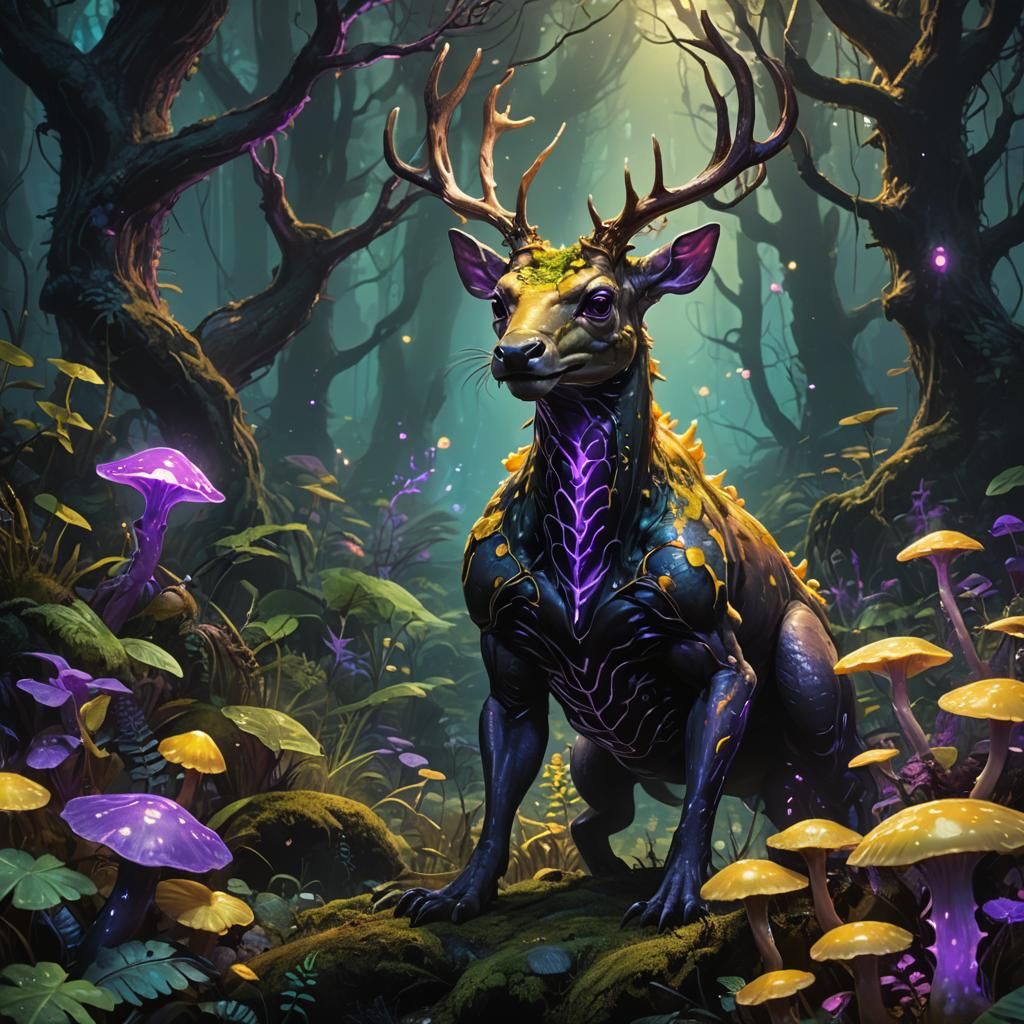 Deer-Salamander Hybrid in Mystical Forest, Dark Fantasy Art