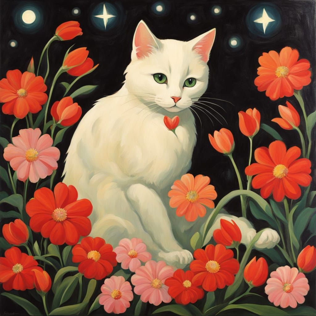 Whimsical Modernist Cat Surrounded by Flowers and Soft Light