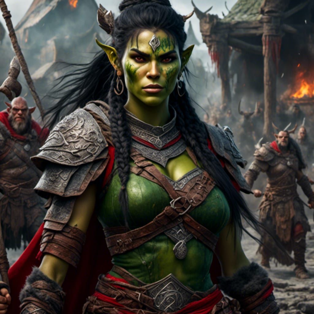 Green-Skinned Half-Orc Warrior with Braids and Tattoos