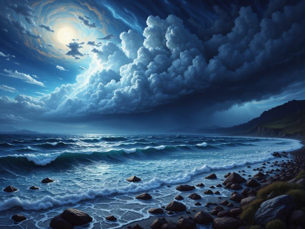 Dramatic Thunderstorm Over the Ocean in Starry Night Style