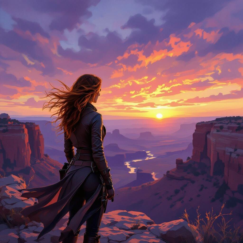 Canyon Sunset: Woman in Impressionistic Style