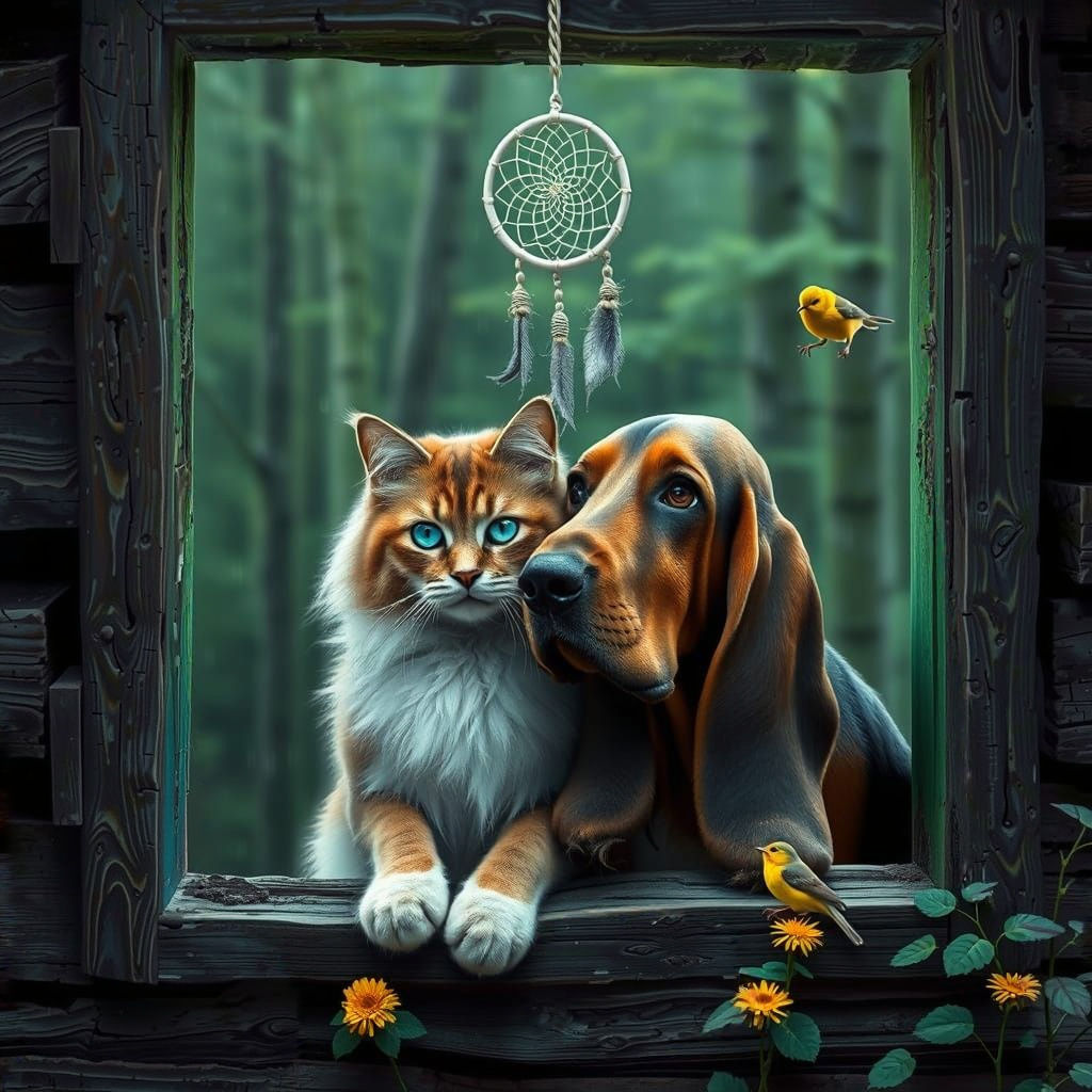 Cat and Dog Embrace in Forest Cabin