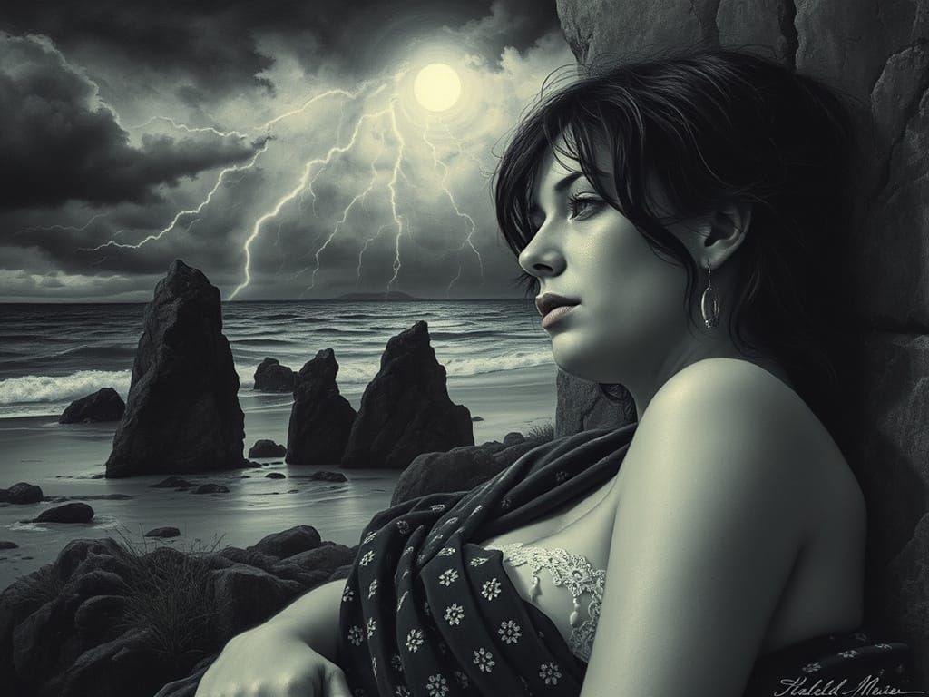 Distressed Woman in Monochromatic Photogravure Style