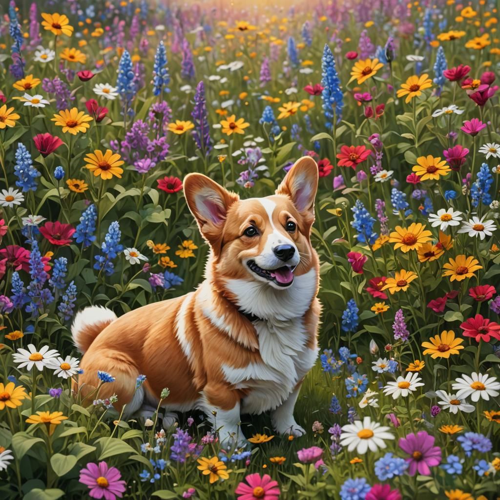 Corgi in Wildflower Field: Fantasy Concept Art